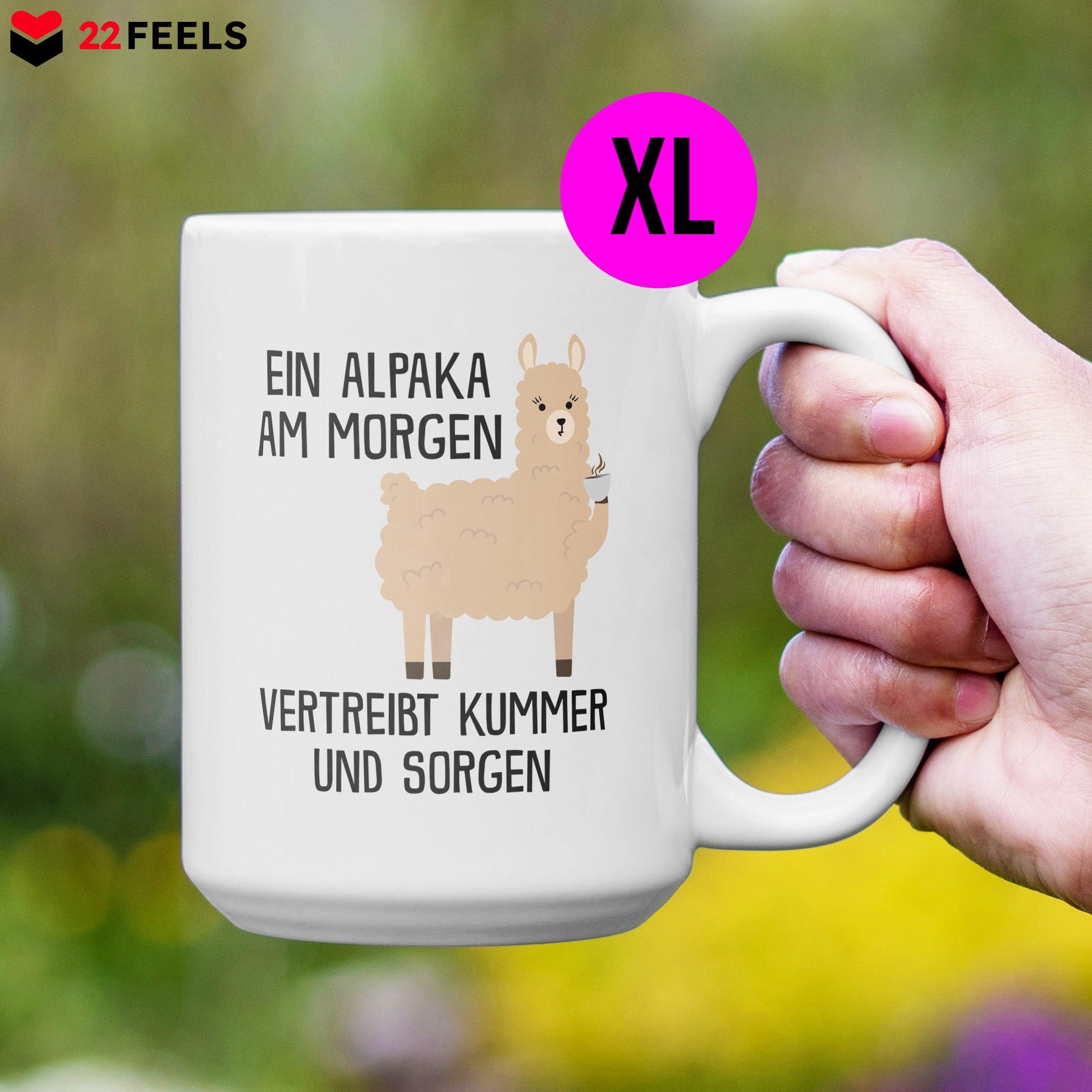 22Feels® XL Tasse mit Alpaka Tiermotiv - Büro Geschenkidee - Kummer und Sorgen Spruch (Weiss, 440ml)-Weisse XL Tasse 440ml-22Feels