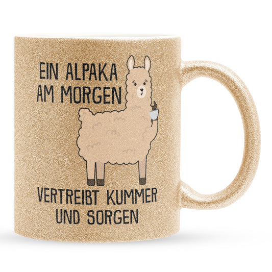 22Feels® Glitzertasse mit Alpaka Tiermotiv - Büro Geschenkidee - Kummer und Sorgen Spruch (Gold, 320ml)-Glitzertasse Gold 320ml-22Feels