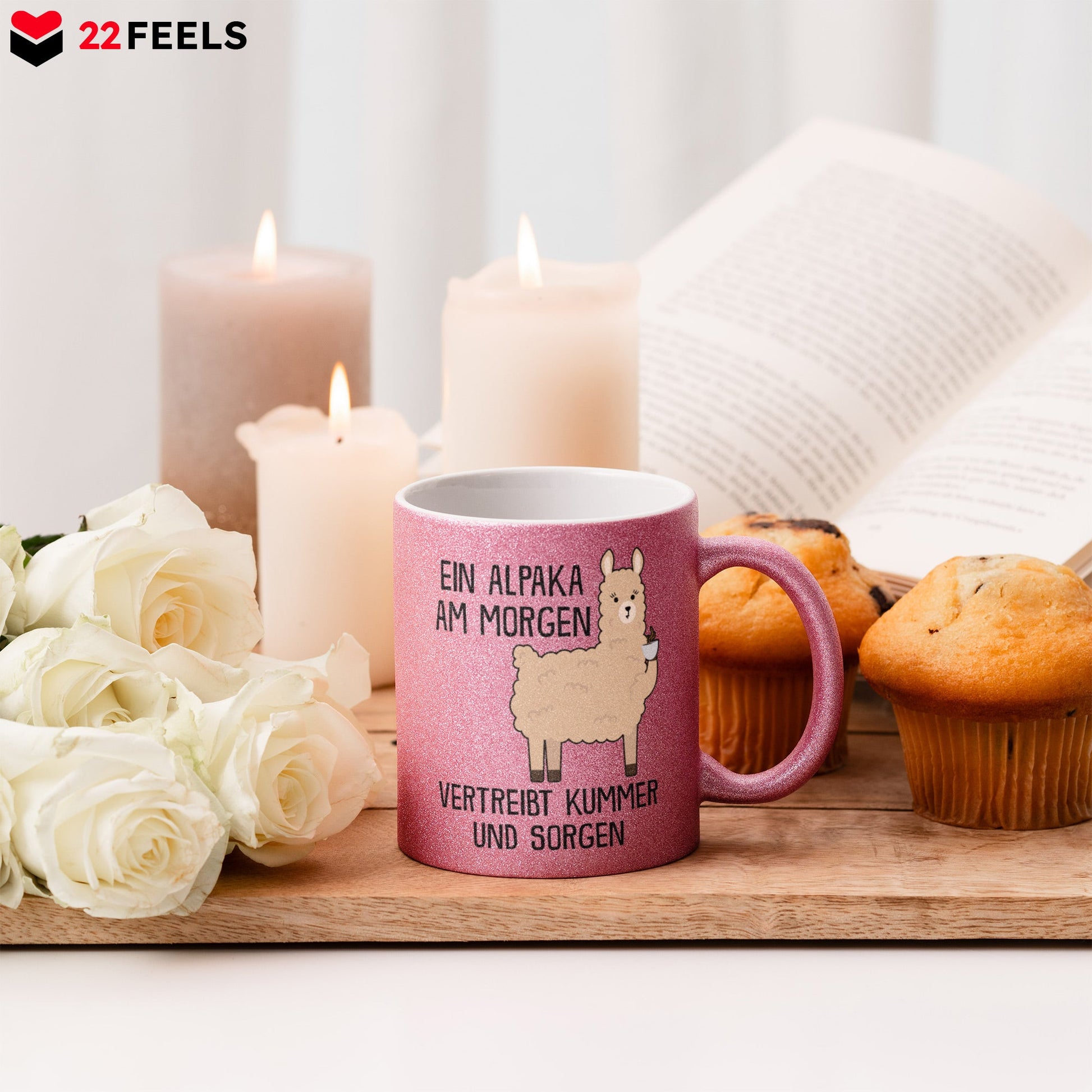 22Feels® Glitzertasse mit Alpaka Tiermotiv - Büro Geschenkidee - Kummer und Sorgen Spruch (Pink, 320ml)-Glitzertasse Pink 320ml-22Feels