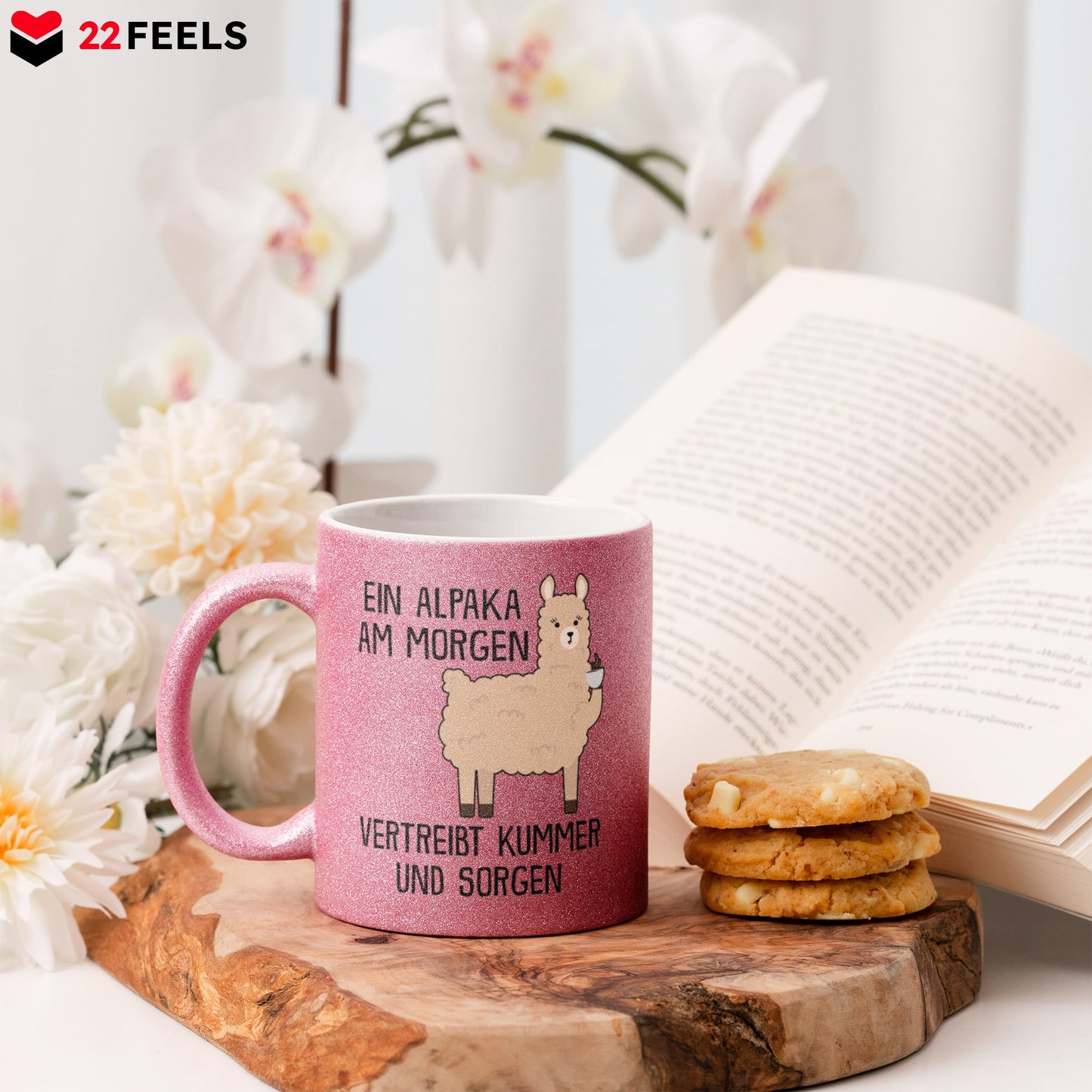 22Feels® Glitzertasse mit Alpaka Tiermotiv - Büro Geschenkidee - Kummer und Sorgen Spruch (Pink, 320ml)-Glitzertasse Pink 320ml-22Feels