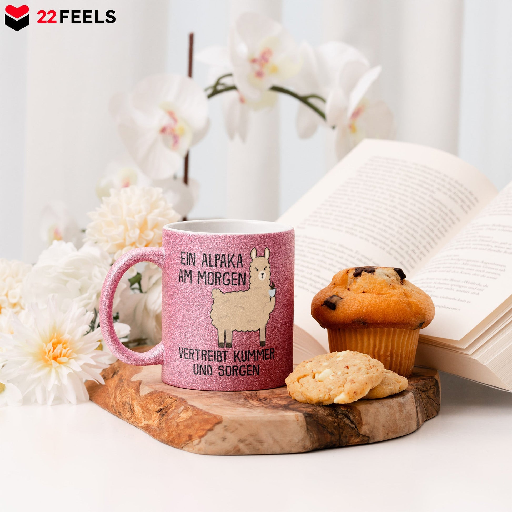 22Feels® Glitzertasse mit Alpaka Tiermotiv - Büro Geschenkidee - Kummer und Sorgen Spruch (Pink, 320ml)-Glitzertasse Pink 320ml-22Feels
