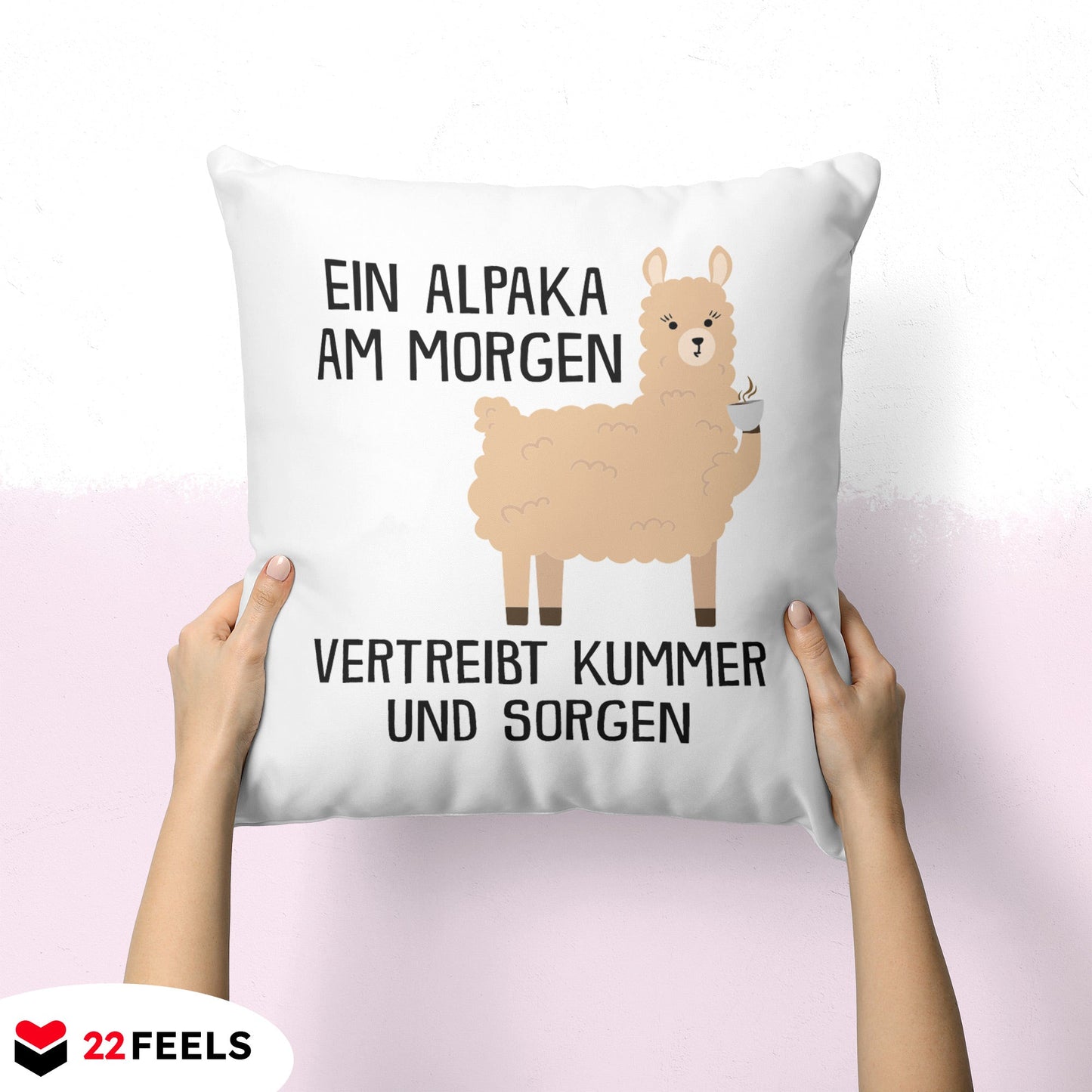 22Feels® Kissen mit Alpaka Tiermotiv - Büro Geschenkidee - Kummer und Sorgen Spruch (Weiss, 40x40cm)-Kissen Weiss 40x40-22Feels