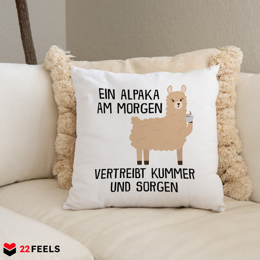 22Feels® Kissen mit Alpaka Tiermotiv - Büro Geschenkidee - Kummer und Sorgen Spruch (Weiss, 40x40cm)-Kissen Weiss 40x40-22Feels