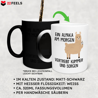 22Feels® Zaubertasse mit Alpaka Tiermotiv - Büro Geschenkidee - Kummer und Sorgen Spruch (Matt-Schwarz und Weiss, 320ml)-Farbwechsel Tasse Matt 320ml-22Feels