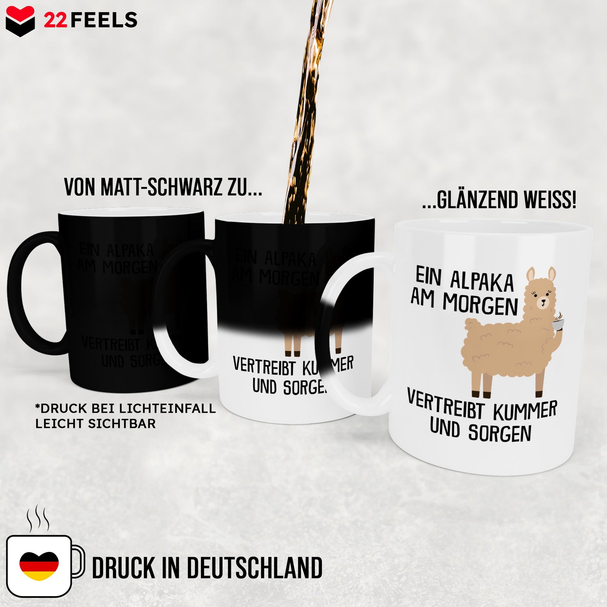 22Feels® Zaubertasse mit Alpaka Tiermotiv - Büro Geschenkidee - Kummer und Sorgen Spruch (Matt-Schwarz und Weiss, 320ml)-Farbwechsel Tasse Matt 320ml-22Feels