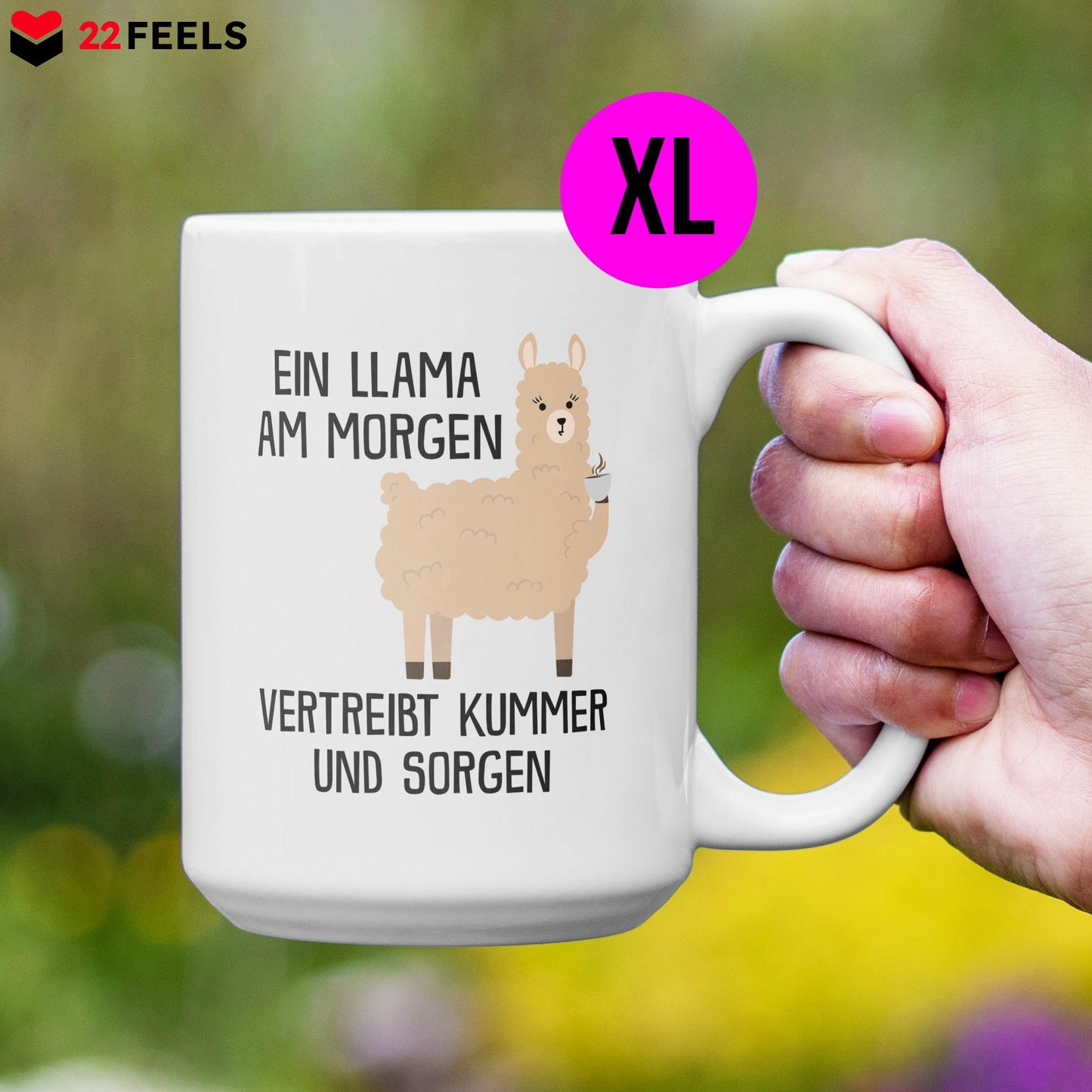 22Feels® XL Tasse mit Llama Tiermotiv - Büro Geschenkidee - Spruch: Kummer und Sorgen (Weiss, 440ml)-Weisse XL Tasse 440ml-22Feels