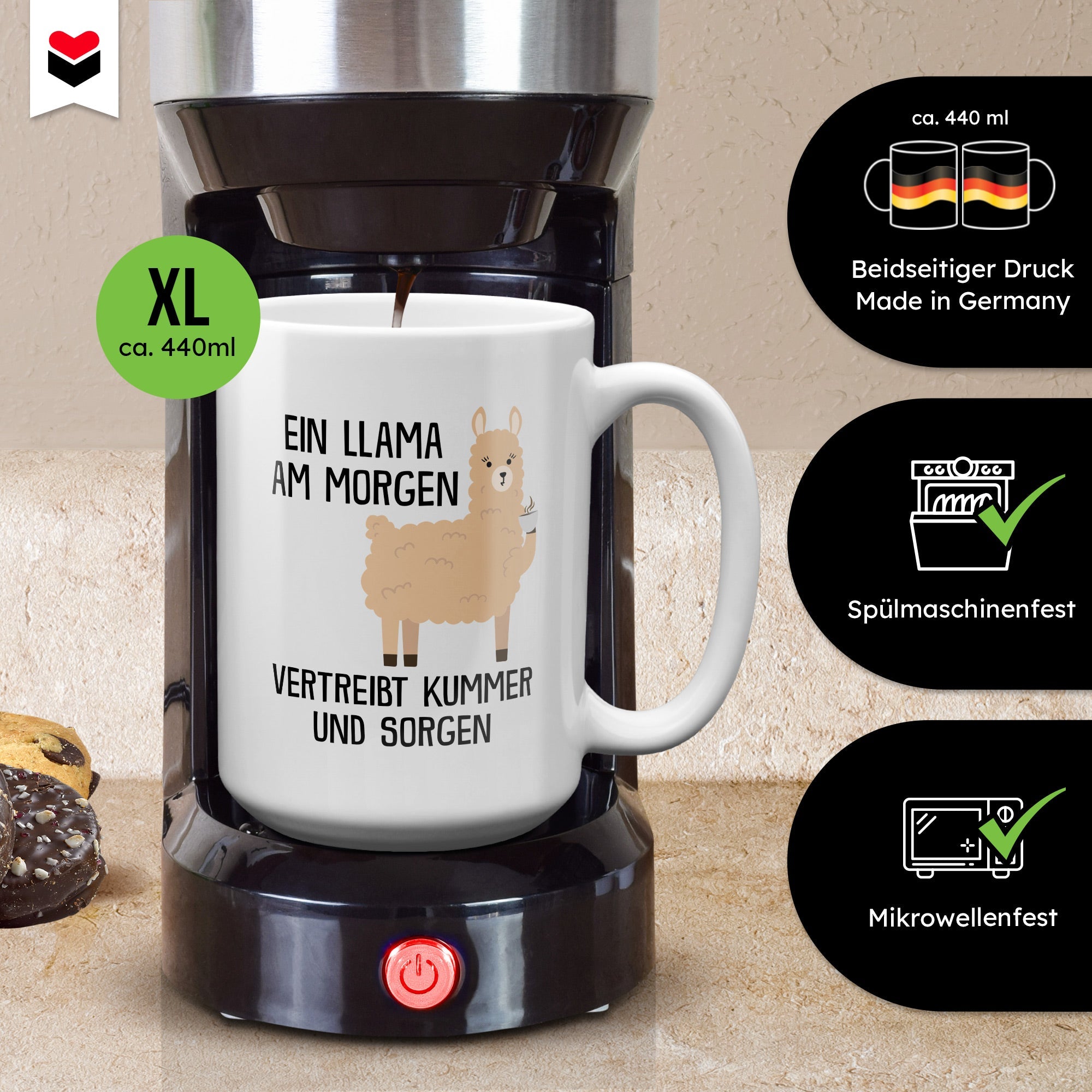 22Feels® XL Tasse mit Llama Tiermotiv - Büro Geschenkidee - Spruch: Kummer und Sorgen (Weiss, 440ml)-Weisse XL Tasse 440ml-22Feels