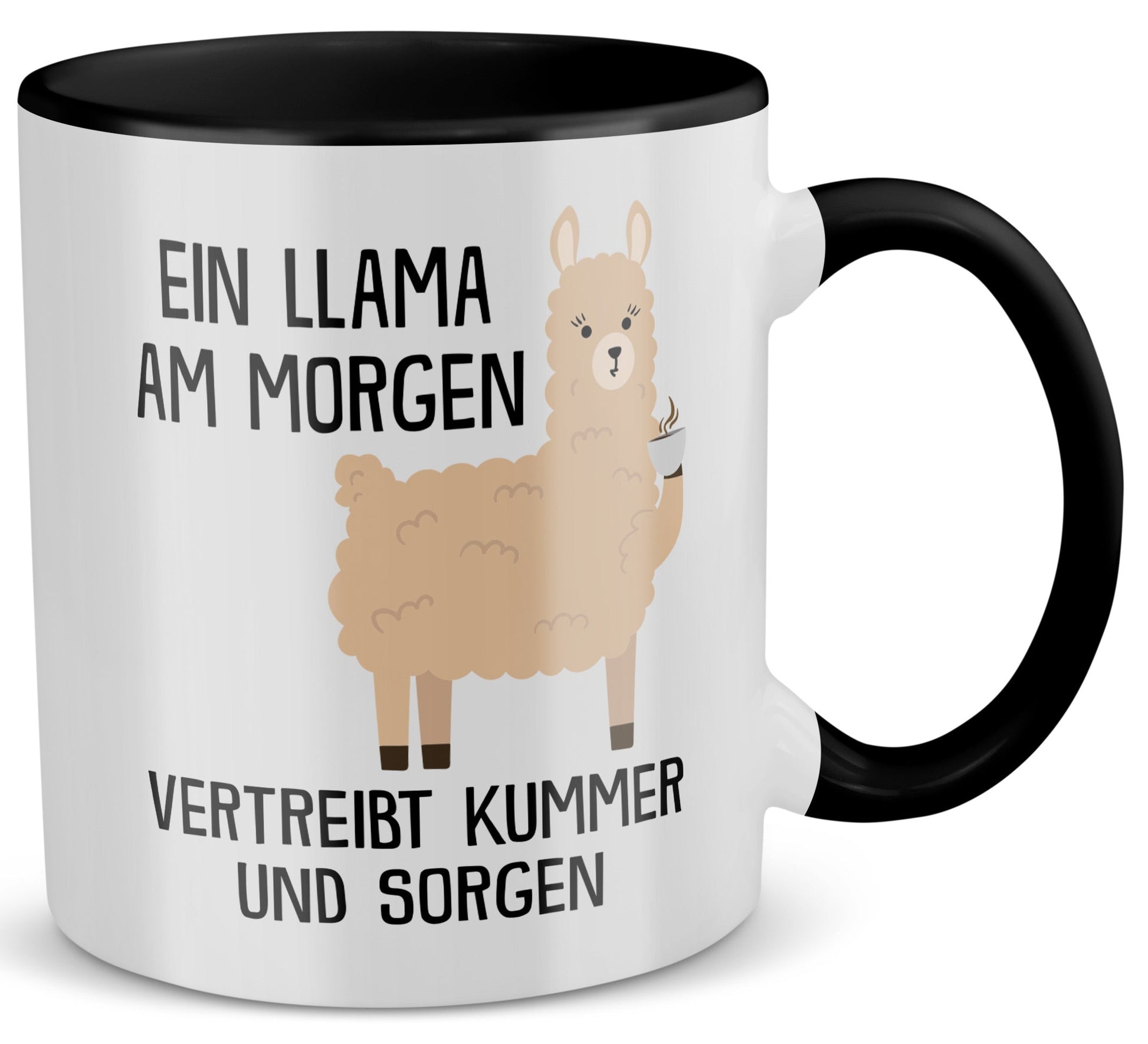 22Feels® Tasse mit Llama Tiermotiv - Büro Geschenkidee - Spruch: Kummer und Sorgen (Weiss-Schwarz, 320ml)-TwoTone Tasse Weiss-Schwarz 320ml-22Feels