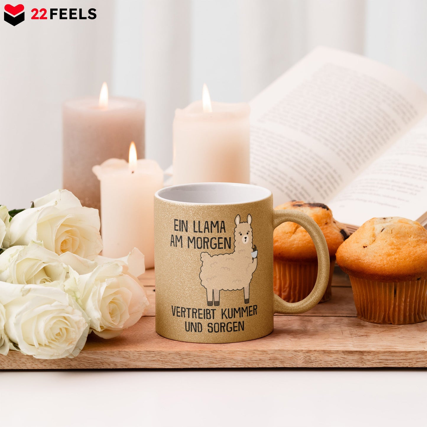 22Feels® Glitzertasse mit Llama Tiermotiv - Büro Geschenkidee - Spruch: Kummer und Sorgen (Gold, 320ml)-Glitzertasse Gold 320ml-22Feels
