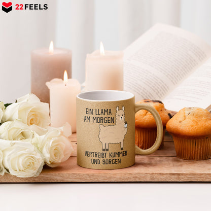 22Feels® Glitzertasse mit Llama Tiermotiv - Büro Geschenkidee - Spruch: Kummer und Sorgen (Gold, 320ml)-Glitzertasse Gold 320ml-22Feels