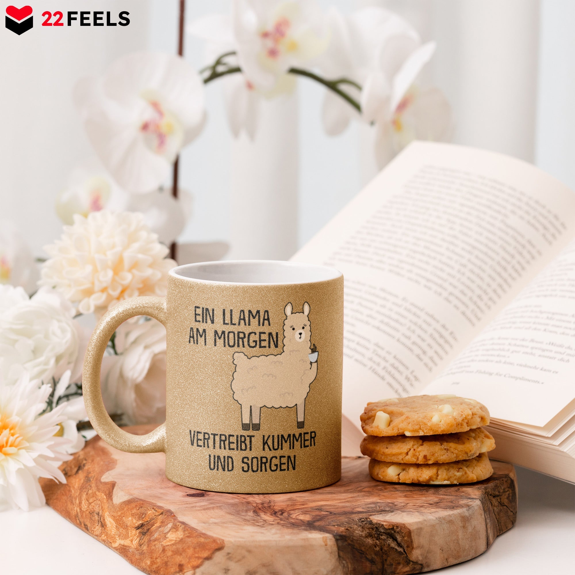 22Feels® Glitzertasse mit Llama Tiermotiv - Büro Geschenkidee - Spruch: Kummer und Sorgen (Gold, 320ml)-Glitzertasse Gold 320ml-22Feels