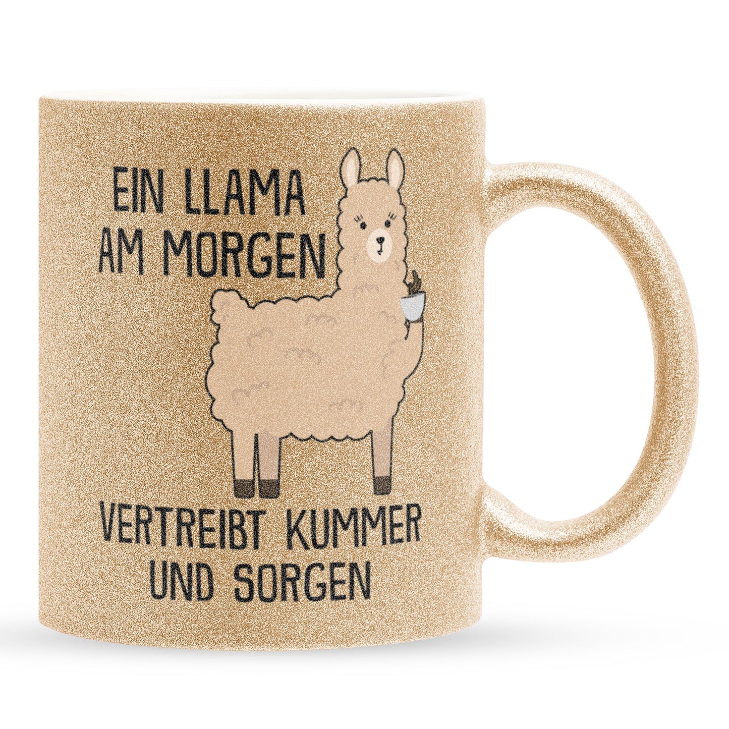 22Feels® Glitzertasse mit Llama Tiermotiv - Büro Geschenkidee - Spruch: Kummer und Sorgen (Gold, 320ml)-Glitzertasse Gold 320ml-22Feels