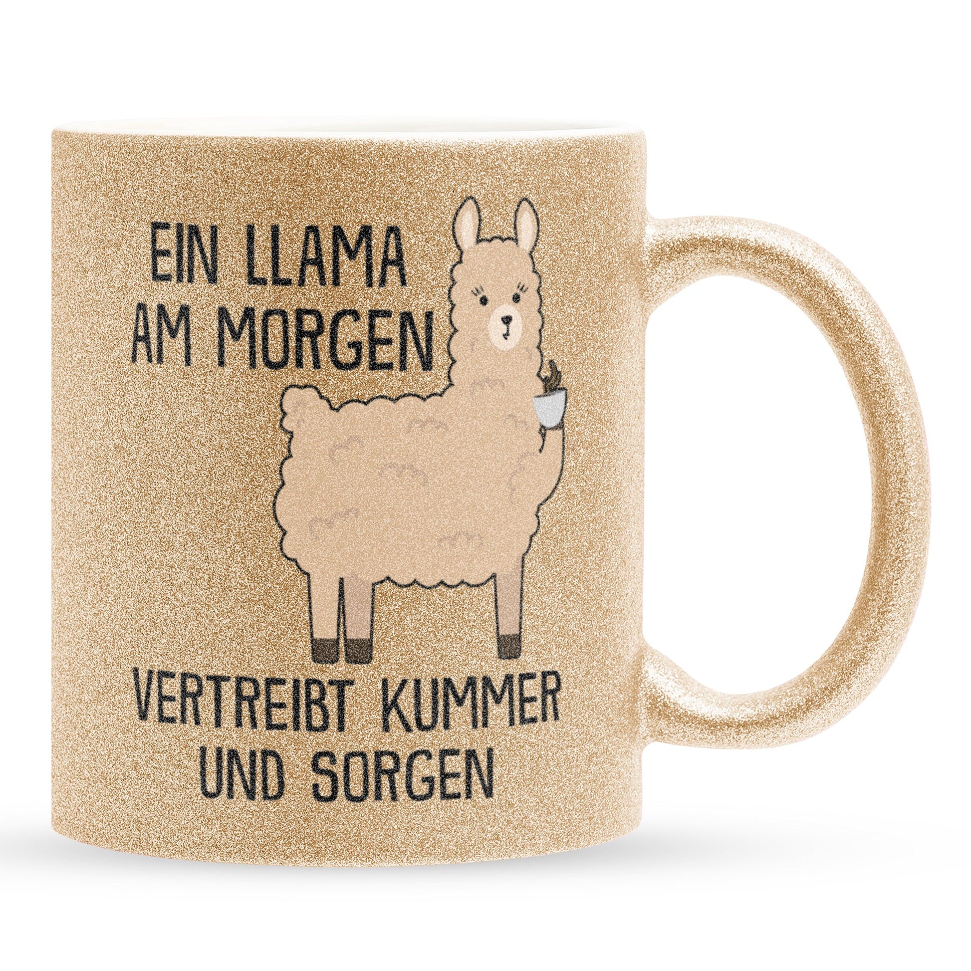 22Feels® Glitzertasse mit Llama Tiermotiv - Büro Geschenkidee - Spruch: Kummer und Sorgen (Gold, 320ml)-Glitzertasse Gold 320ml-22Feels