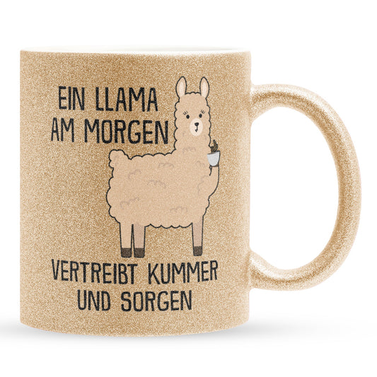 22Feels® Glitzertasse mit Llama Tiermotiv - Büro Geschenkidee - Spruch: Kummer und Sorgen (Gold, 320ml)-Glitzertasse Gold 320ml-22Feels