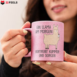 22Feels® Glitzertasse mit Llama Tiermotiv - Büro Geschenkidee - Spruch: Kummer und Sorgen (Pink, 320ml)-Glitzertasse Pink 320ml-22Feels