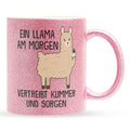 22Feels® Glitzertasse mit Llama Tiermotiv - Büro Geschenkidee - Spruch: Kummer und Sorgen (Pink, 320ml)-Glitzertasse Pink 320ml-22Feels