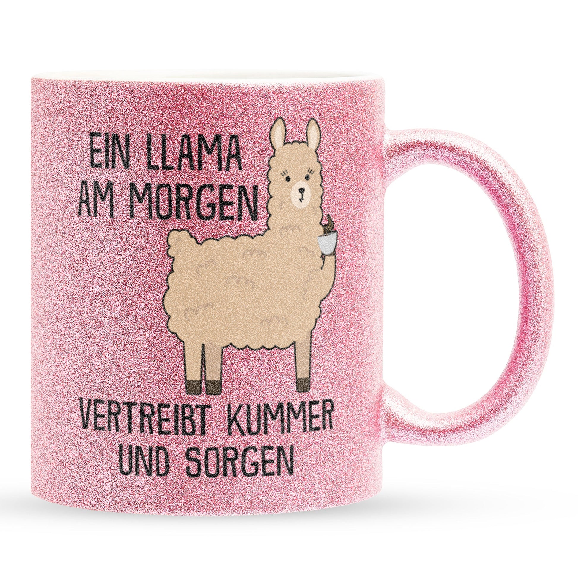 22Feels® Glitzertasse mit Llama Tiermotiv - Büro Geschenkidee - Spruch: Kummer und Sorgen (Pink, 320ml)-Glitzertasse Pink 320ml-22Feels