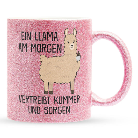 22Feels® Glitzertasse mit Llama Tiermotiv - Büro Geschenkidee - Spruch: Kummer und Sorgen (Pink, 320ml)-Glitzertasse Pink 320ml-22Feels