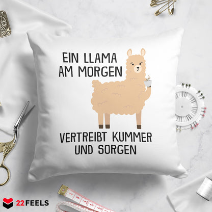 22Feels® Kissen mit Llama Tiermotiv - Büro Geschenkidee - Spruch: Kummer und Sorgen (Weiss, 40x40cm)-Kissen Weiss 40x40-22Feels