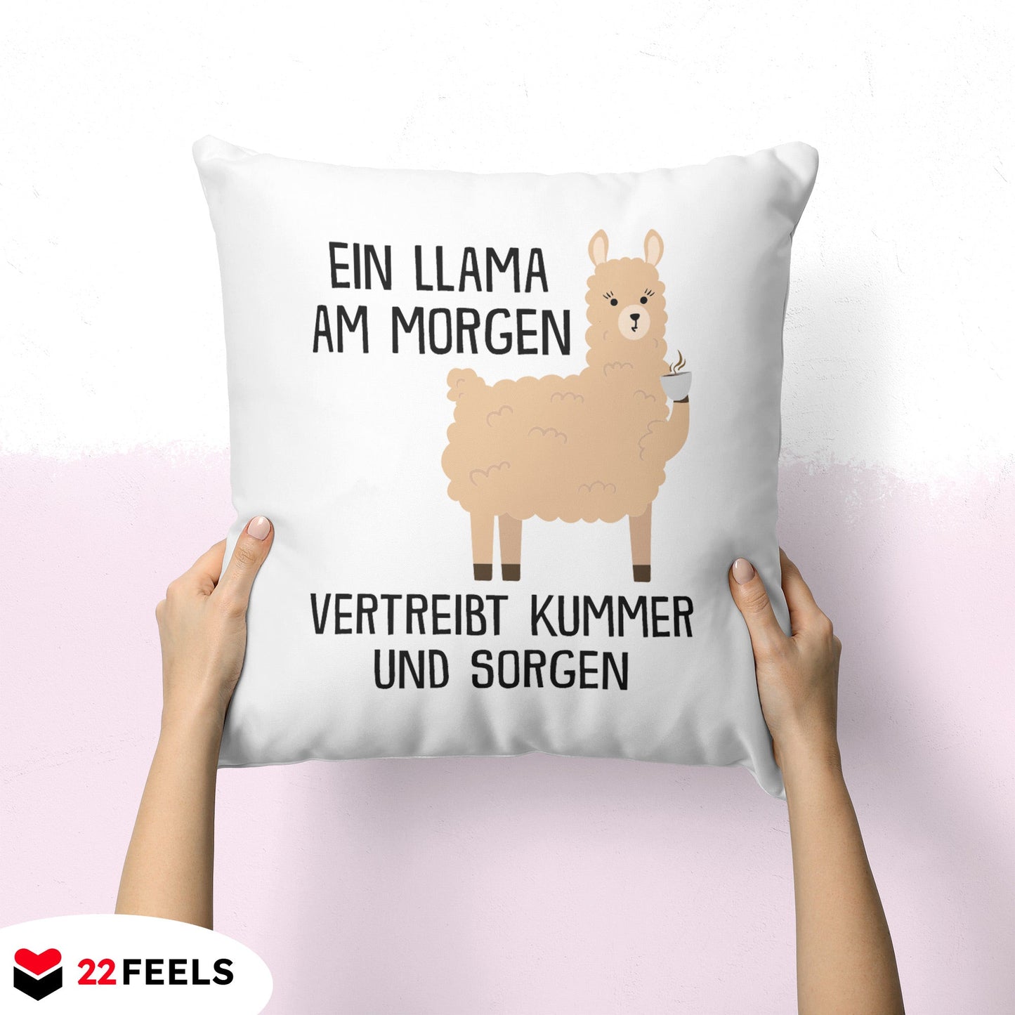 22Feels® Kissen mit Llama Tiermotiv - Büro Geschenkidee - Spruch: Kummer und Sorgen (Weiss, 40x40cm)-Kissen Weiss 40x40-22Feels