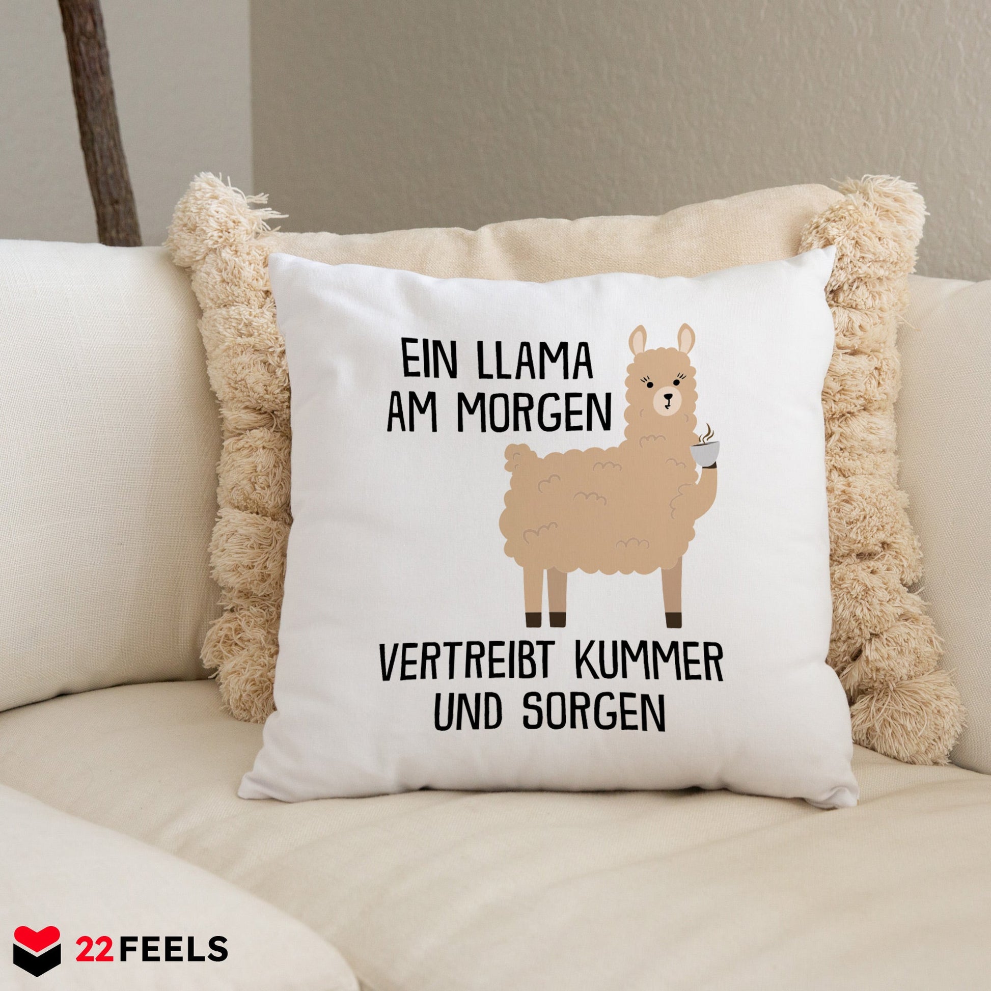 22Feels® Kissen mit Llama Tiermotiv - Büro Geschenkidee - Spruch: Kummer und Sorgen (Weiss, 40x40cm)-Kissen Weiss 40x40-22Feels