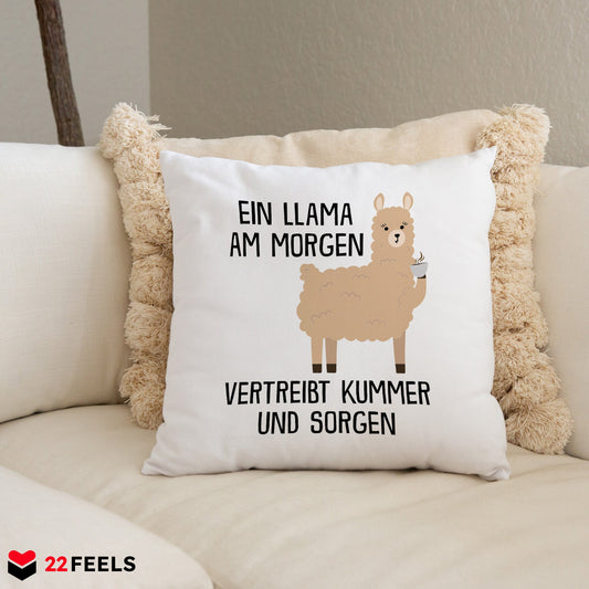22Feels® Kissen mit Llama Tiermotiv - Büro Geschenkidee - Spruch: Kummer und Sorgen (Weiss, 40x40cm)-Kissen Weiss 40x40-22Feels