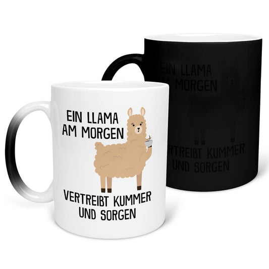 22Feels® Zaubertasse mit Llama Tiermotiv - Büro Geschenkidee - Spruch: Kummer und Sorgen (Matt-Schwarz und Weiss, 320ml)-Farbwechsel Tasse Matt 320ml-22Feels