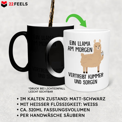 22Feels® Zaubertasse mit Llama Tiermotiv - Büro Geschenkidee - Spruch: Kummer und Sorgen (Matt-Schwarz und Weiss, 320ml)-Farbwechsel Tasse Matt 320ml-22Feels