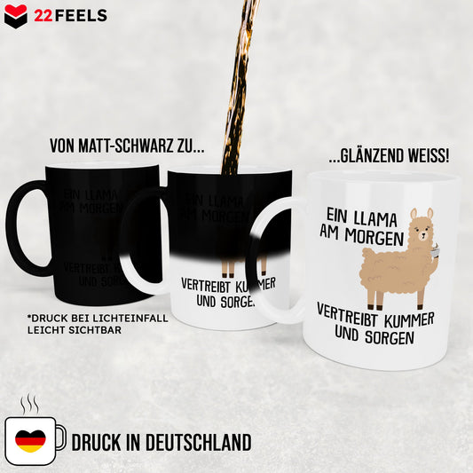 22Feels® Zaubertasse mit Llama Tiermotiv - Büro Geschenkidee - Spruch: Kummer und Sorgen (Matt-Schwarz und Weiss, 320ml)-Farbwechsel Tasse Matt 320ml-22Feels