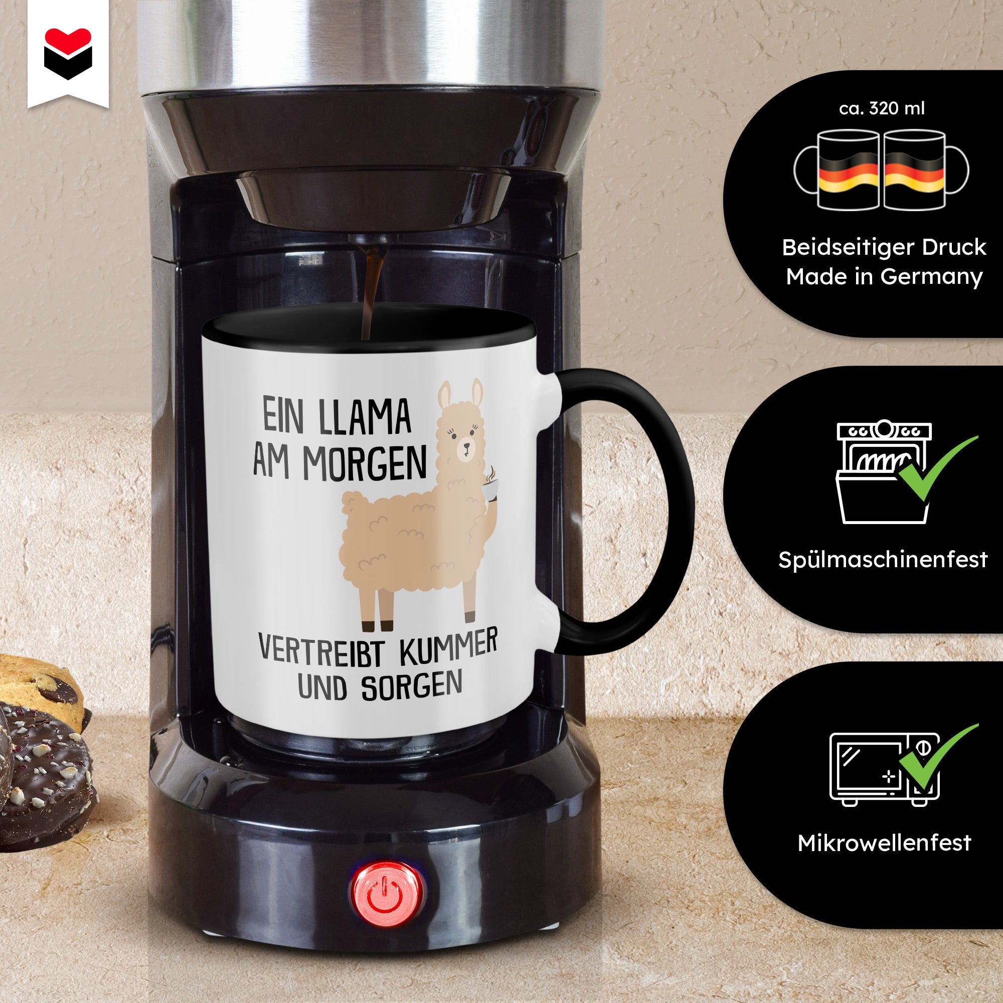 22Feels® Tasse mit Llama Tiermotiv - Büro Geschenkidee - Spruch: Kummer und Sorgen (Weiss-Schwarz, 320ml)-TwoTone Tasse Weiss-Schwarz 320ml-22Feels