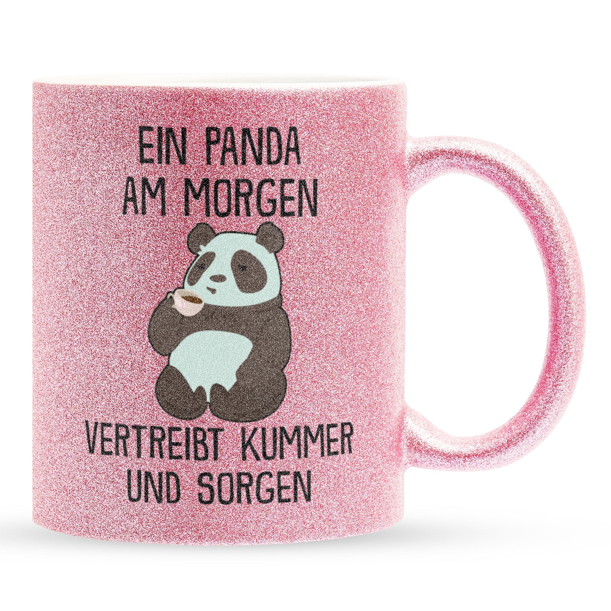 22Feels® Glitzertasse mit Panda Tiermotiv - Büro Geschenkidee - Spruch: Kummer und Sorgen (Pink, 320ml)-Glitzertasse Pink 320ml-22Feels