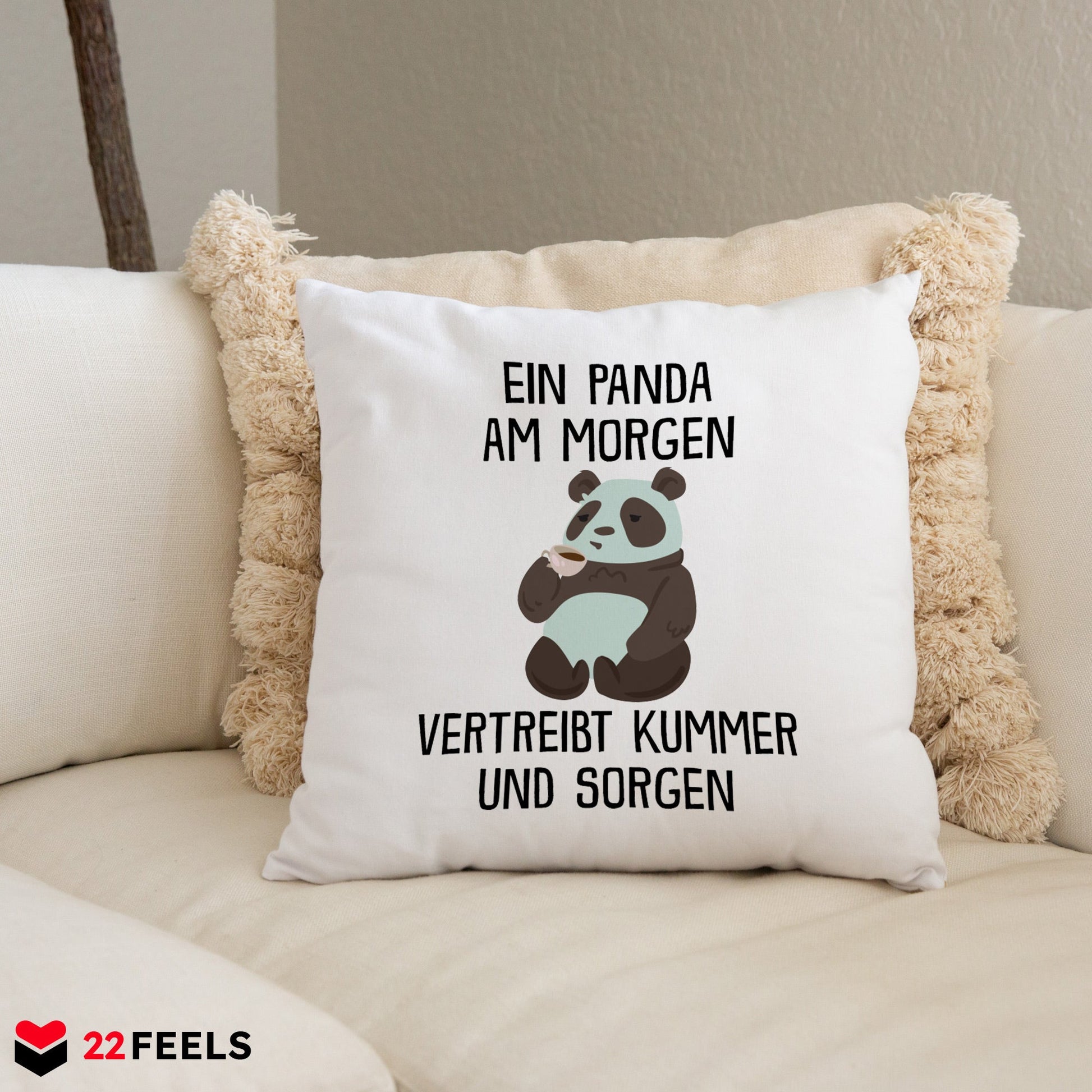 22Feels® Kissen mit Panda Tiermotiv - Büro Geschenkidee - Spruch: Kummer und Sorgen (Weiss, 40x40cm)-Kissen Weiss 40x40-22Feels