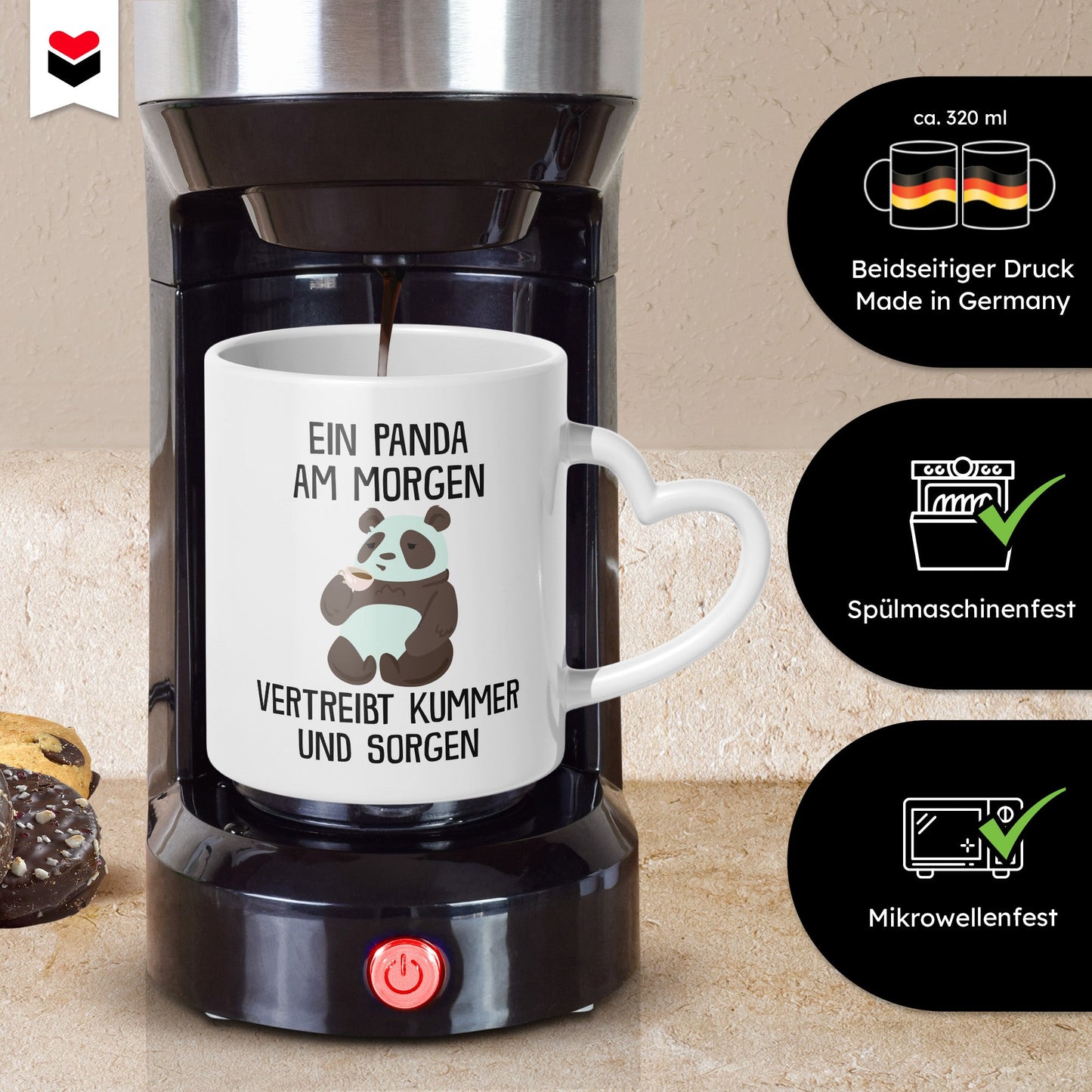 22Feels® Tasse mit Panda Tiermotiv - Büro Geschenkidee - Spruch: Kummer und Sorgen (Herzhenkel, Weiss, 320ml)-Tasse Weiss Herzhenkel 320ml-22Feels
