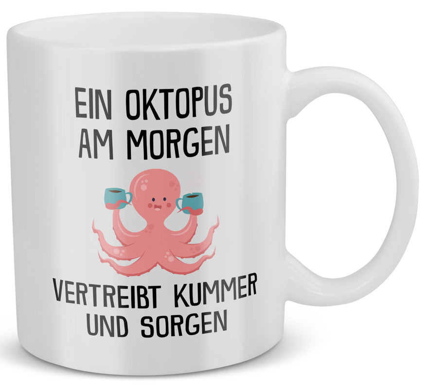 22Feels® Tasse mit Oktopus Tiermotiv - Büro Geschenkidee - Spruch: Kummer und Sorgen (Weiss, 320ml)-Weisse Tasse 320ml-22Feels