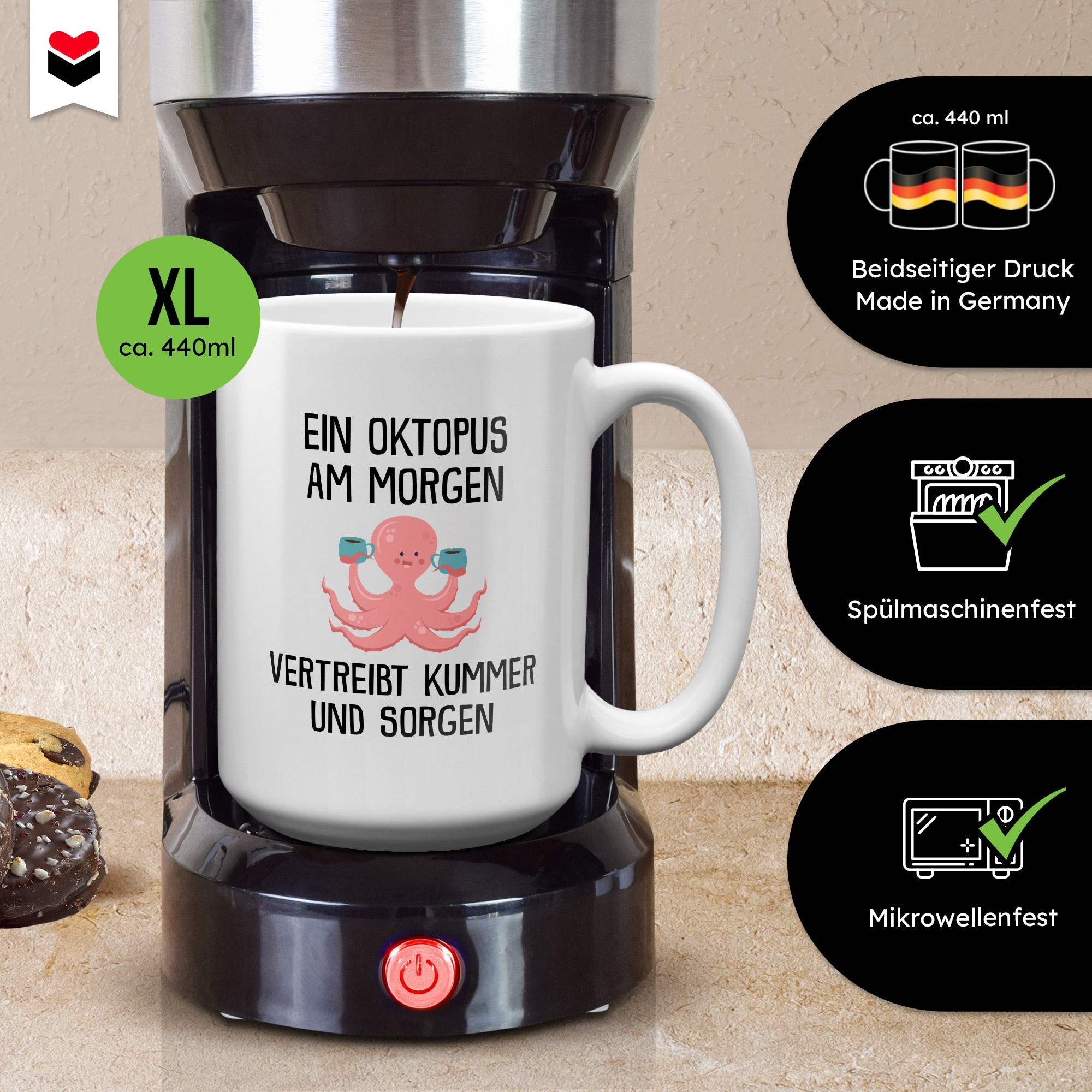 22Feels® XL Tasse mit Oktopus Tiermotiv - Büro Geschenkidee - Spruch: Kummer und Sorgen (Weiss, 440ml)-Weisse XL Tasse 440ml-22Feels