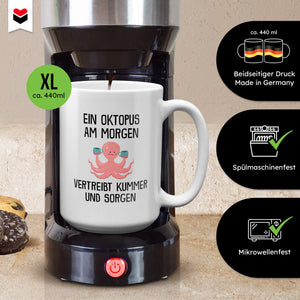 22Feels® XL Tasse mit Oktopus Tiermotiv - Büro Geschenkidee - Spruch: Kummer und Sorgen (Weiss, 440ml)-Weisse XL Tasse 440ml-22Feels