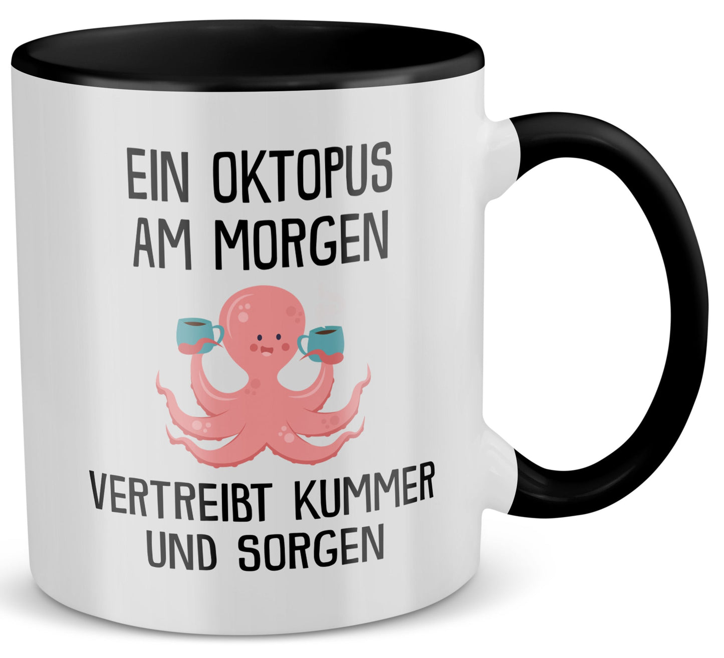 22Feels® Tasse mit Oktopus Tiermotiv - Büro Geschenkidee - Spruch: Kummer und Sorgen (Weiss-Schwarz, 320ml)-TwoTone Tasse Weiss-Schwarz 320ml-22Feels