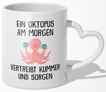 22Feels® Tasse mit Oktopus Tiermotiv - Büro Geschenkidee - Spruch: Kummer und Sorgen (Herzhenkel, Weiss, 320ml)-Tasse Weiss Herzhenkel 320ml-22Feels