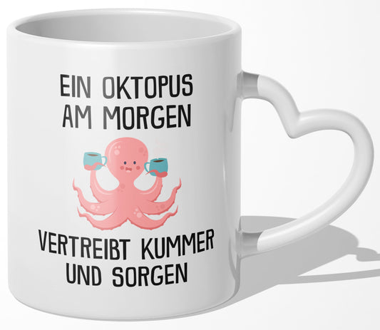 22Feels® Tasse mit Oktopus Tiermotiv - Büro Geschenkidee - Spruch: Kummer und Sorgen (Herzhenkel, Weiss, 320ml)-Tasse Weiss Herzhenkel 320ml-22Feels