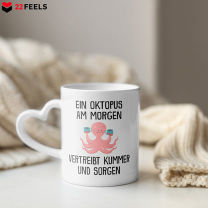 22Feels® Tasse mit Oktopus Tiermotiv - Büro Geschenkidee - Spruch: Kummer und Sorgen (Herzhenkel, Weiss, 320ml)-Tasse Weiss Herzhenkel 320ml-22Feels