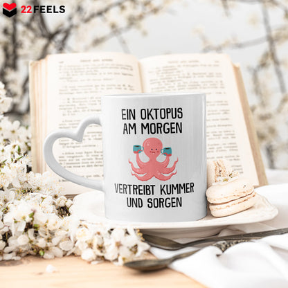22Feels® Tasse mit Oktopus Tiermotiv - Büro Geschenkidee - Spruch: Kummer und Sorgen (Herzhenkel, Weiss, 320ml)-Tasse Weiss Herzhenkel 320ml-22Feels