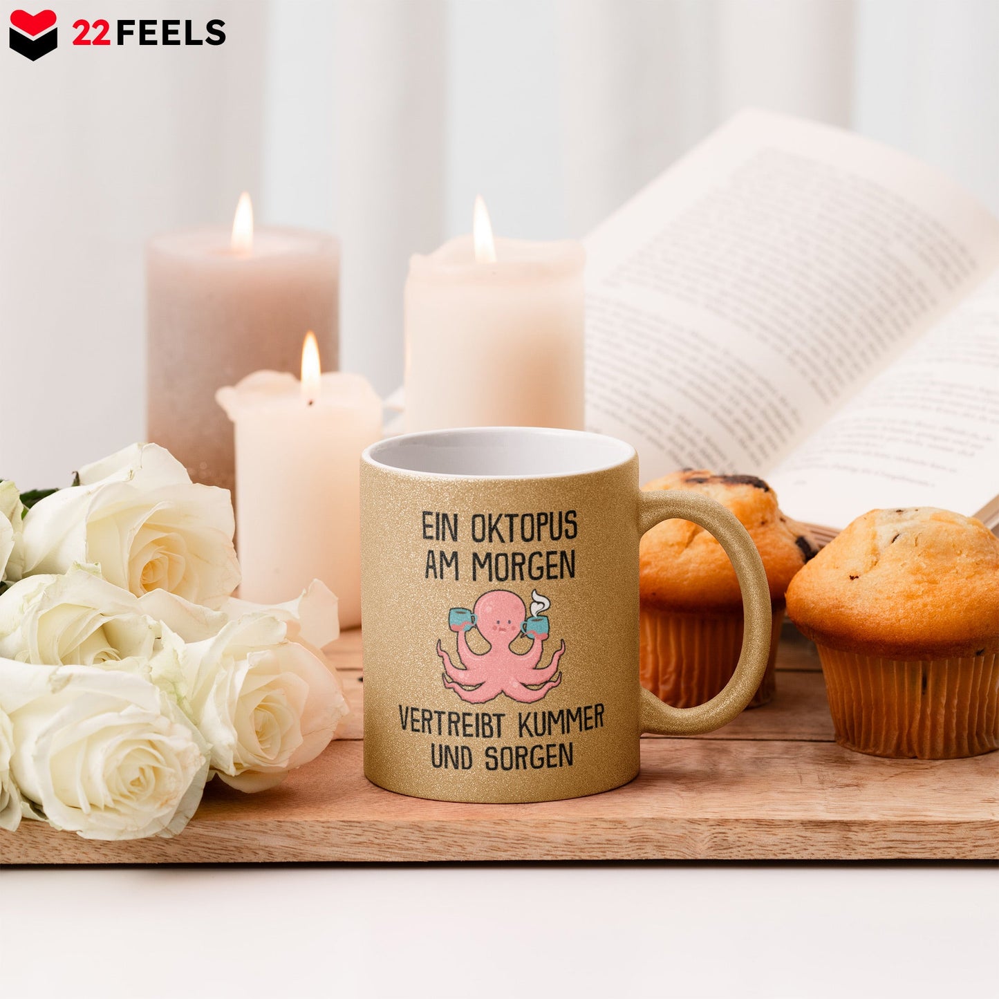 22Feels® Glitzertasse mit Oktopus Tiermotiv - Büro Geschenkidee - Spruch: Kummer und Sorgen (Gold, 320ml)-Glitzertasse Gold 320ml-22Feels