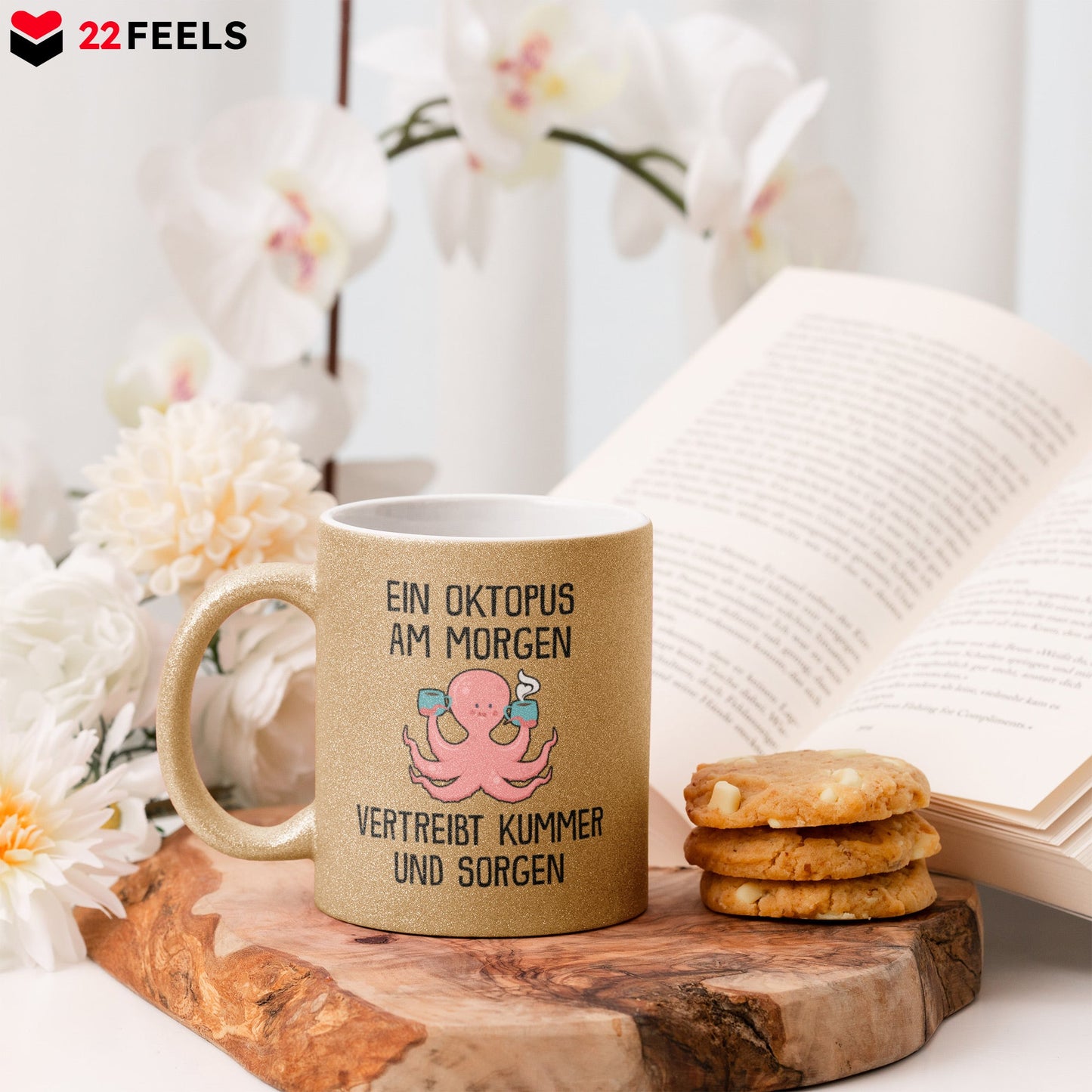 22Feels® Glitzertasse mit Oktopus Tiermotiv - Büro Geschenkidee - Spruch: Kummer und Sorgen (Gold, 320ml)-Glitzertasse Gold 320ml-22Feels