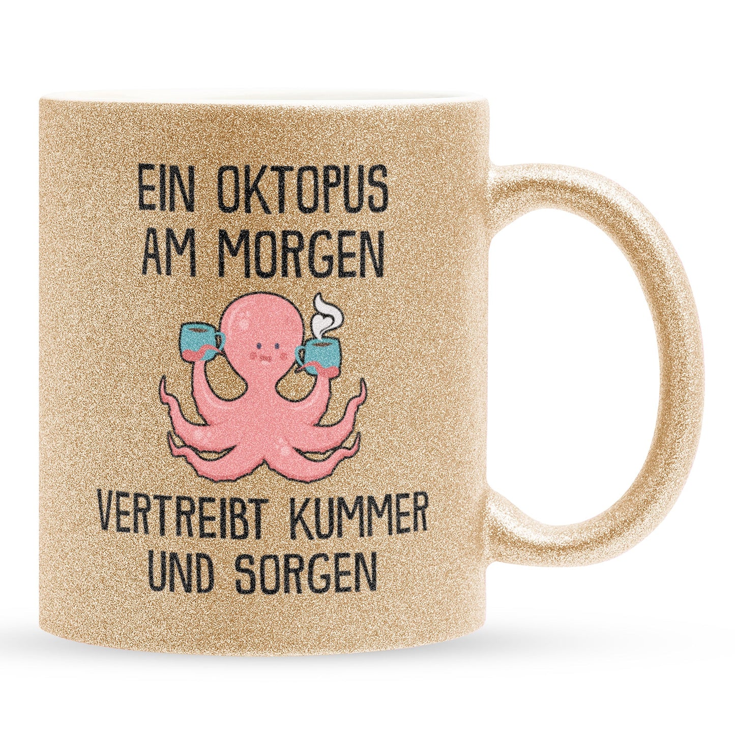 22Feels® Glitzertasse mit Oktopus Tiermotiv - Büro Geschenkidee - Spruch: Kummer und Sorgen (Gold, 320ml)-Glitzertasse Gold 320ml-22Feels