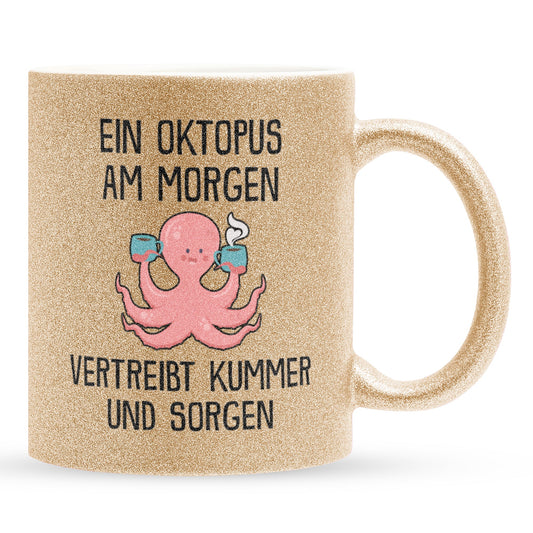 22Feels® Glitzertasse mit Oktopus Tiermotiv - Büro Geschenkidee - Spruch: Kummer und Sorgen (Gold, 320ml)-Glitzertasse Gold 320ml-22Feels
