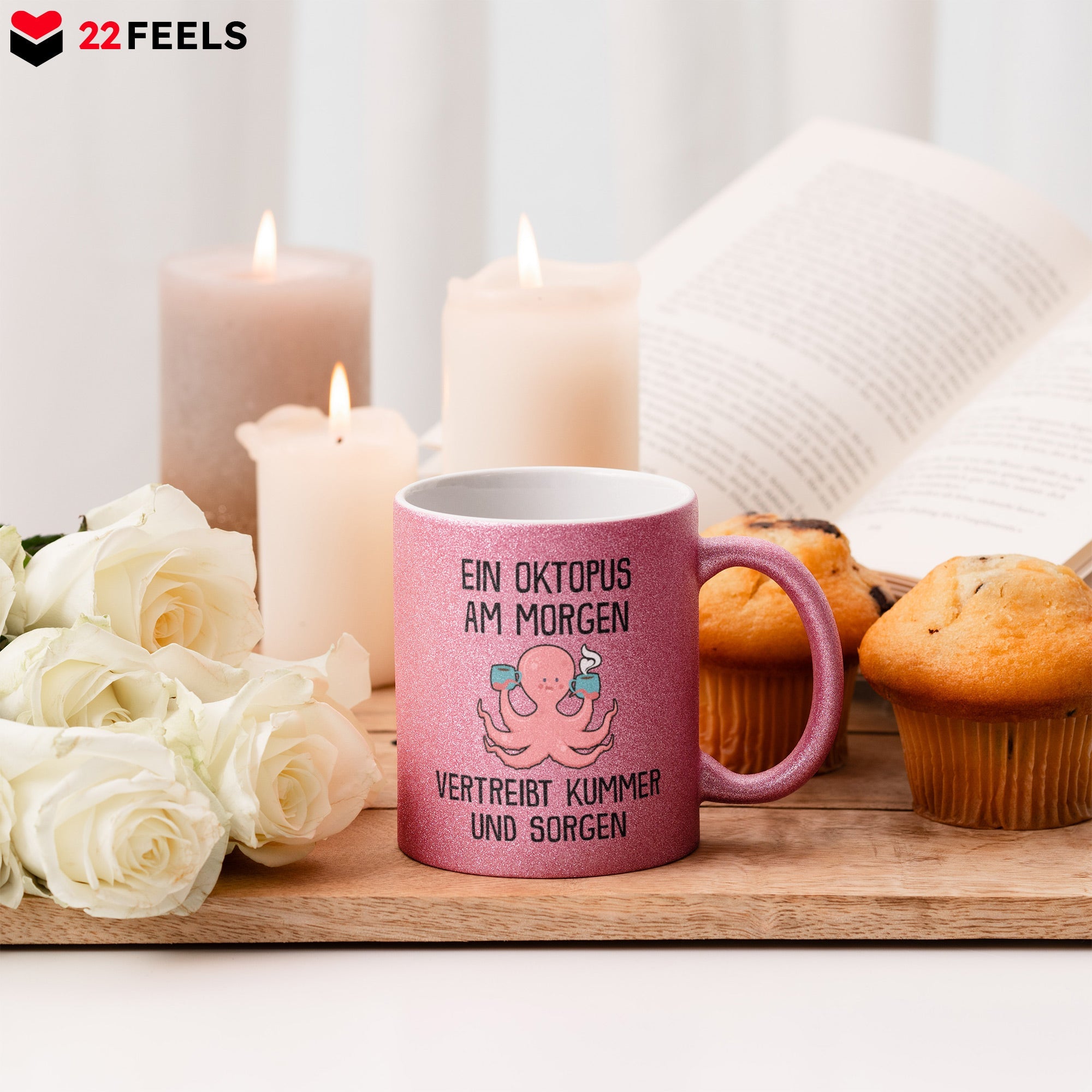 22Feels® Glitzertasse mit Oktopus Tiermotiv - Büro Geschenkidee - Spruch: Kummer und Sorgen (Pink, 320ml)-Glitzertasse Pink 320ml-22Feels