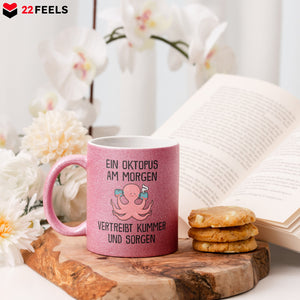 22Feels® Glitzertasse mit Oktopus Tiermotiv - Büro Geschenkidee - Spruch: Kummer und Sorgen (Pink, 320ml)-Glitzertasse Pink 320ml-22Feels