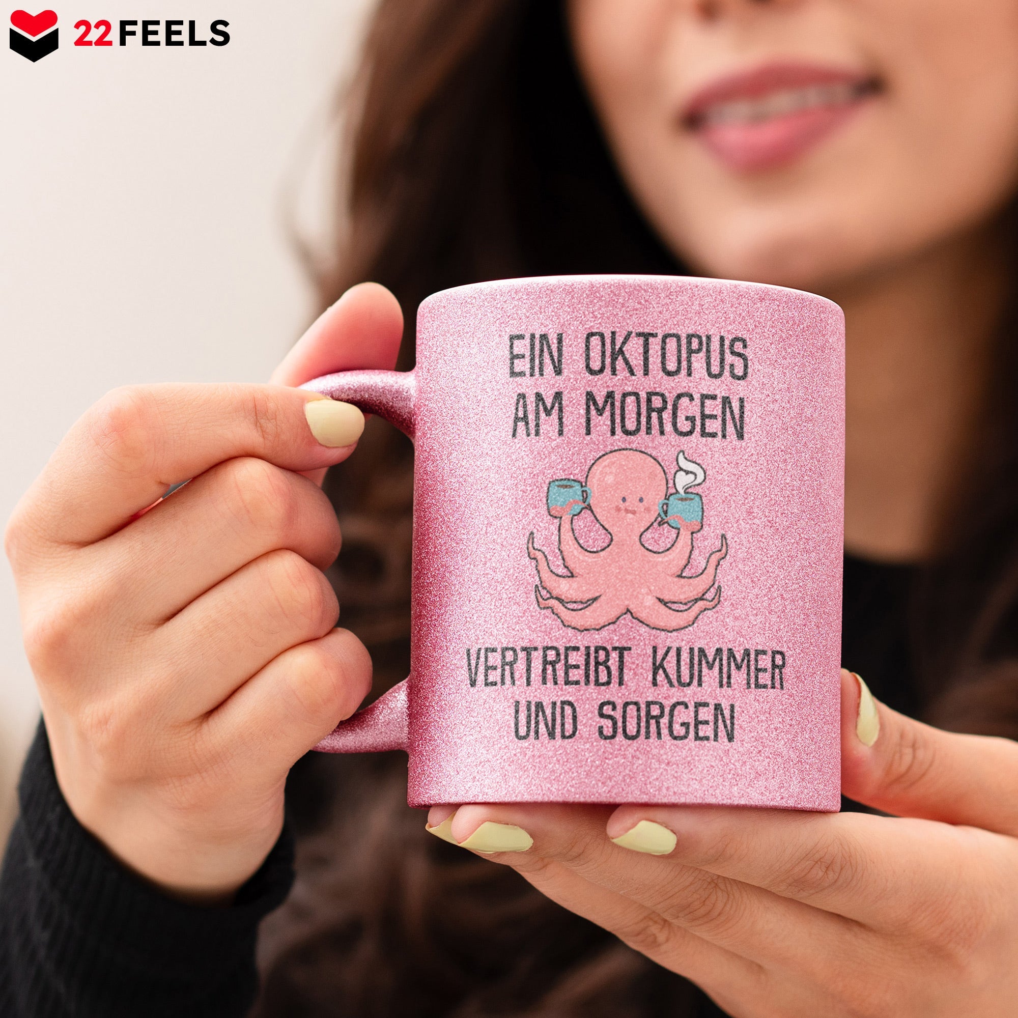 22Feels® Glitzertasse mit Oktopus Tiermotiv - Büro Geschenkidee - Spruch: Kummer und Sorgen (Pink, 320ml)-Glitzertasse Pink 320ml-22Feels