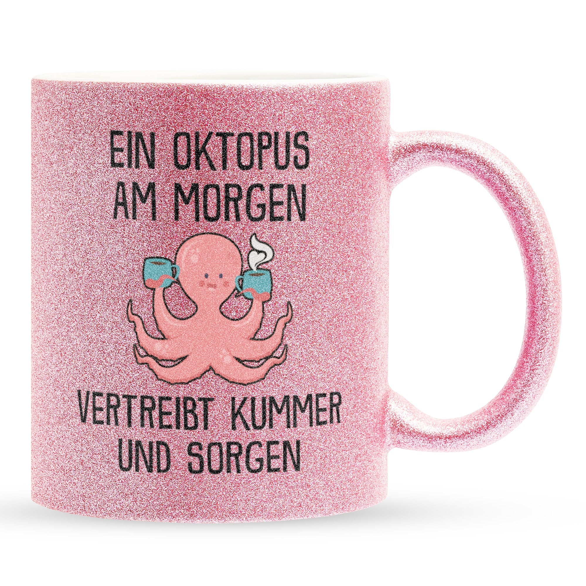 22Feels® Glitzertasse mit Oktopus Tiermotiv - Büro Geschenkidee - Spruch: Kummer und Sorgen (Pink, 320ml)-Glitzertasse Pink 320ml-22Feels