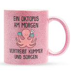 22Feels® Glitzertasse mit Oktopus Tiermotiv - Büro Geschenkidee - Spruch: Kummer und Sorgen (Pink, 320ml)-Glitzertasse Pink 320ml-22Feels